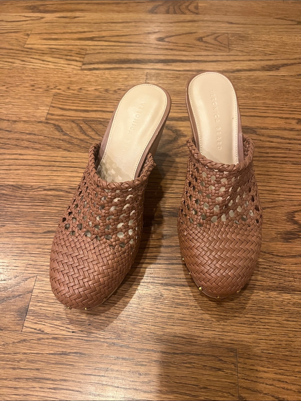 Veronica Beard Hardy Clogs Tan Woven Leather Slip-On Mules